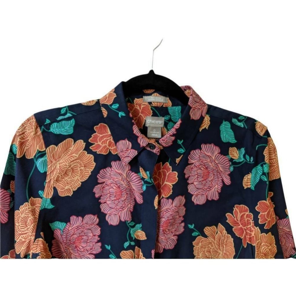 Chicos Womens Button Front Blouse Multicolor Floral 3/4 Sleeve No Iron Size 0 (4 - Picture 2 of 11